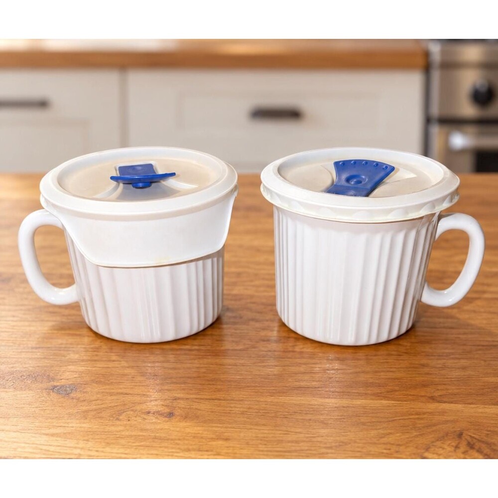 CorningWare French White 20 Oz Meal Mugs With Vented Lids Soup Cups ironstone